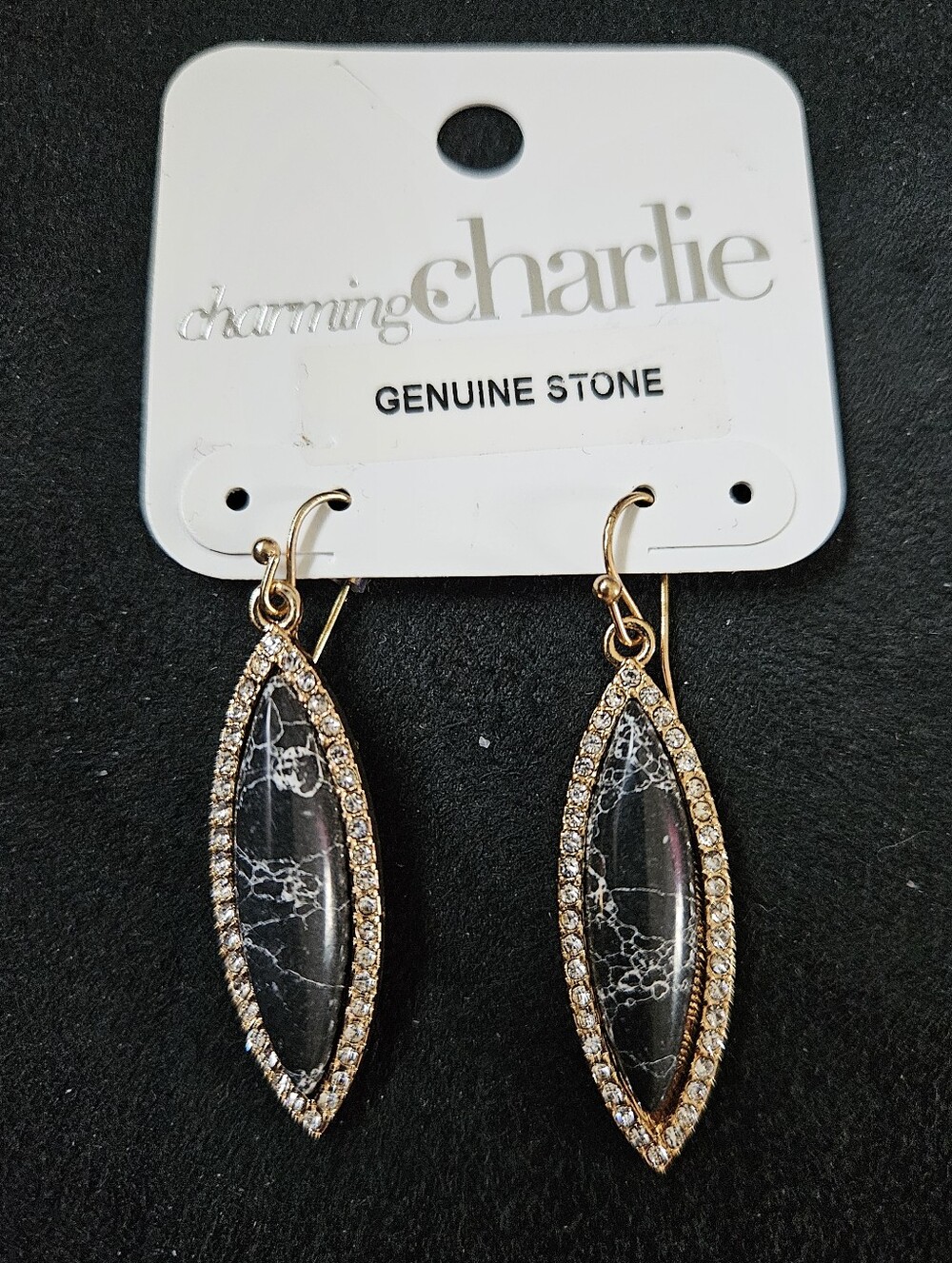 NWT Charming Charlie Black Marbled & Gold Oval Dangle Drop Earrings